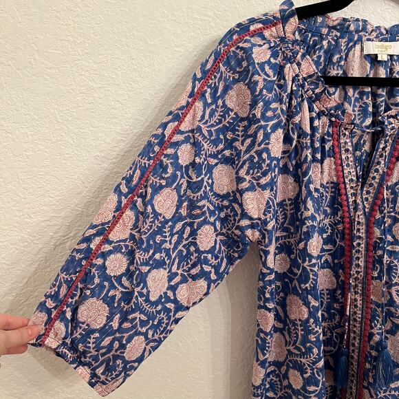 Indigo Desert Block Print Blouse Top Large Blue Floral Metallic Boho Beachy - Picture 2 of 12